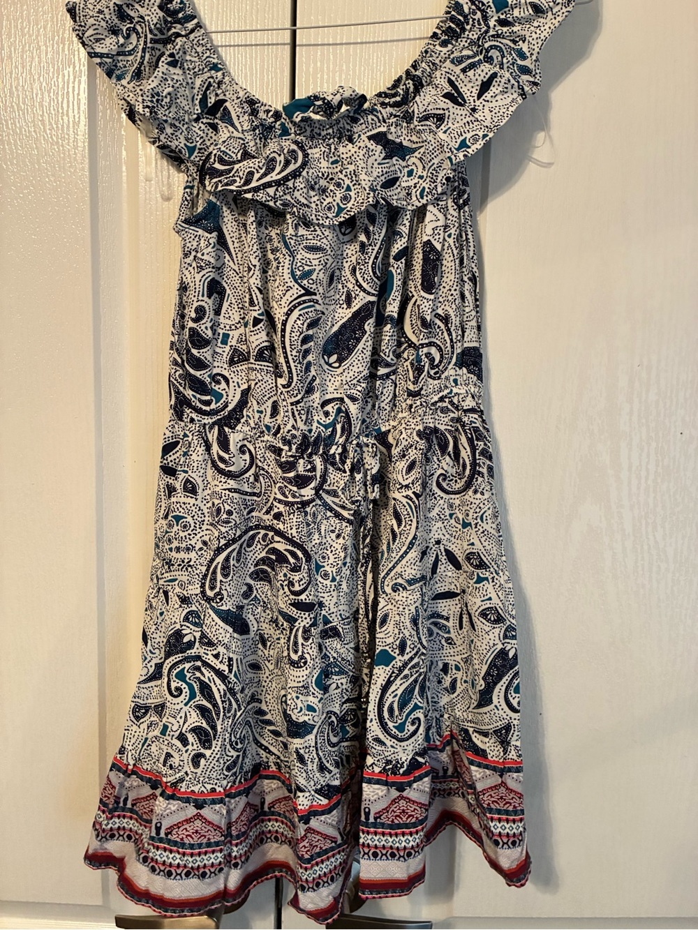 Bepop White Paisley Ruffle-Neck Summer Dress with Teal & Navy Accents b